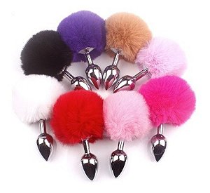 Plug Anal em Metal Com Rabo Coelho Pompom Tamanho P